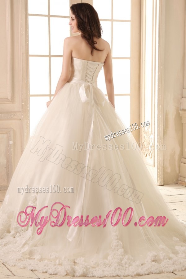 Ball Gown Sweetheart Hand Made Flowers Sweep Train Wedding Dress