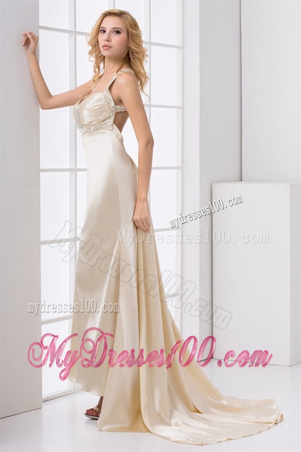 Champagne Column Straps Watteau Train Wedding Dress with Beading