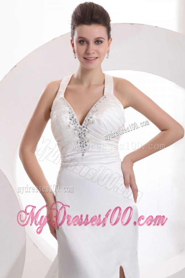 Column Halter Beading Taffeta Wedding Dress with Court Train