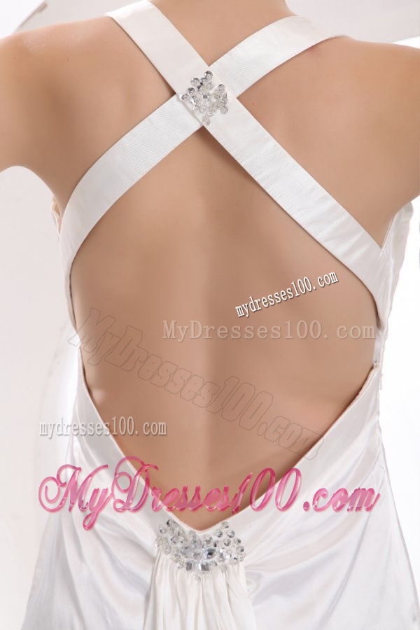 Column Halter Beading Taffeta Wedding Dress with Court Train