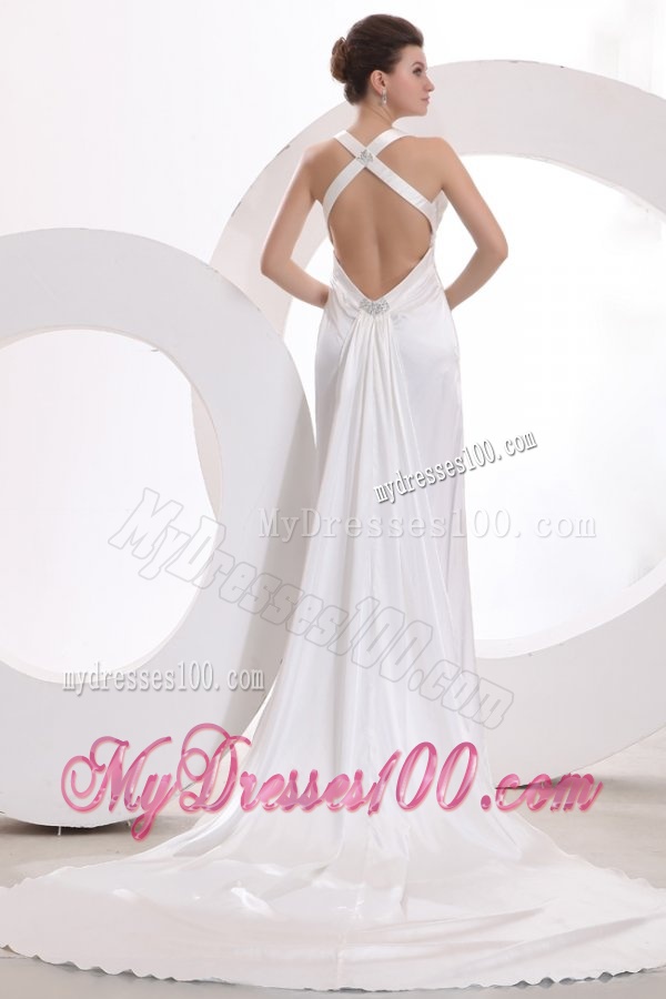Column Halter Beading Taffeta Wedding Dress with Court Train