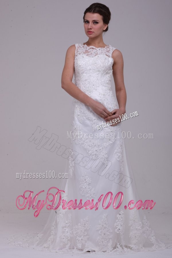 Column High Neck Appliques Lace Wedding Dress with Brush Train