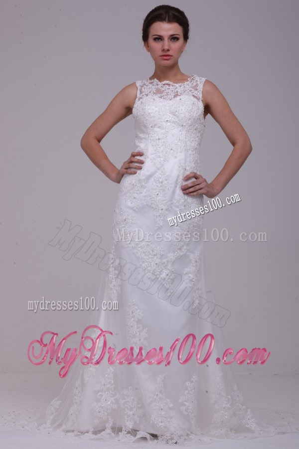 Column High Neck Appliques Lace Wedding Dress with Brush Train