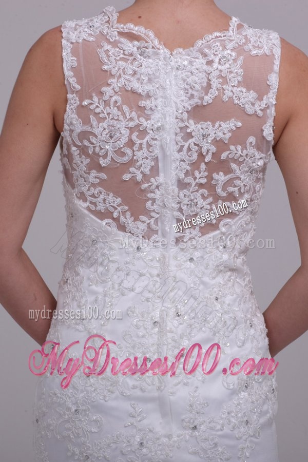 Column High Neck Appliques Lace Wedding Dress with Brush Train