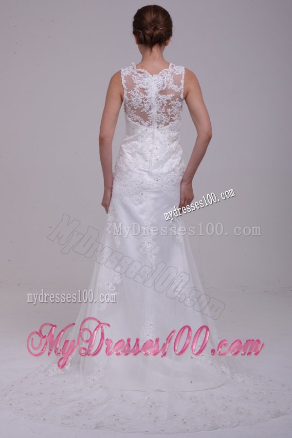 Column High Neck Appliques Lace Wedding Dress with Brush Train