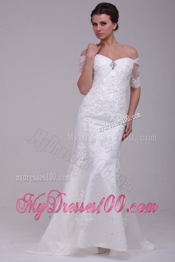 Column Off The Shoulder Brush Train Taffeta Wedding Dress