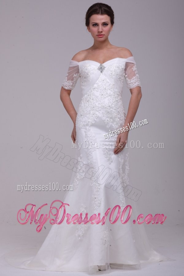 Column Off The Shoulder Brush Train Taffeta Wedding Dress