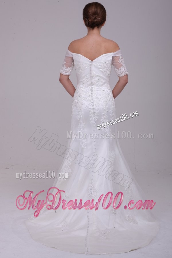 Column Off The Shoulder Brush Train Taffeta Wedding Dress