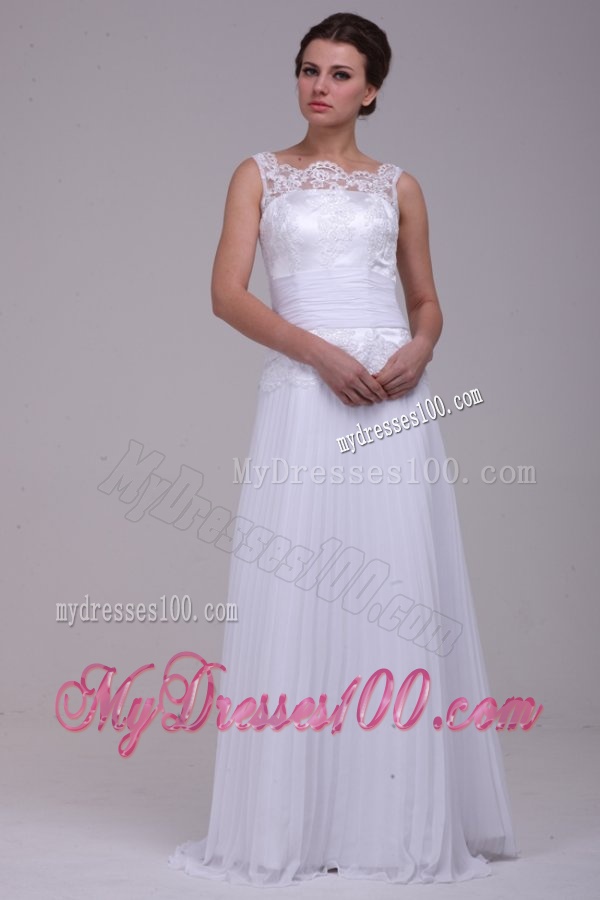 Column Scoop Brush Train Chiffon Wedding Dress with Lace