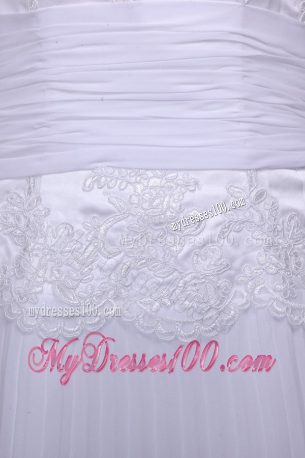 Column Scoop Brush Train Chiffon Wedding Dress with Lace