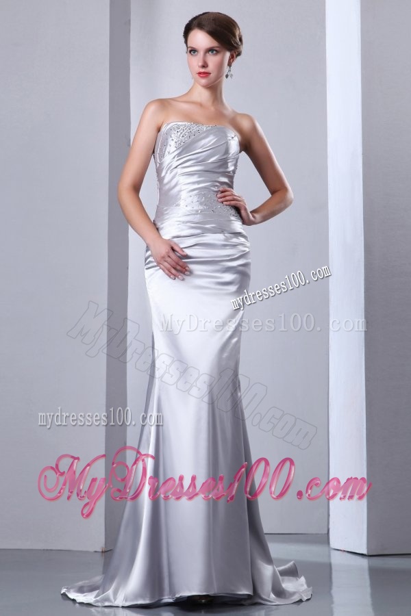 Column Strapless Grey Beading Ruching Brush Train Wedding Dress