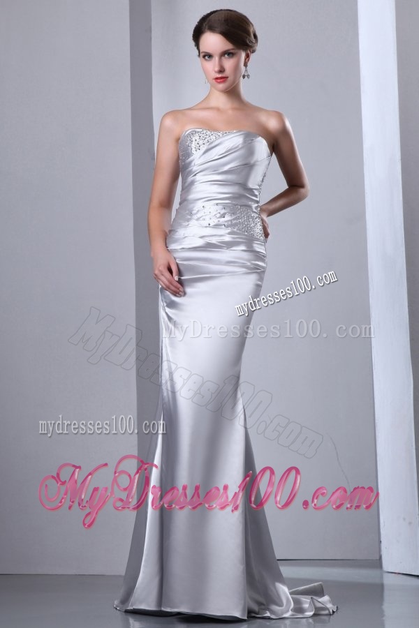 Column Strapless Grey Beading Ruching Brush Train Wedding Dress