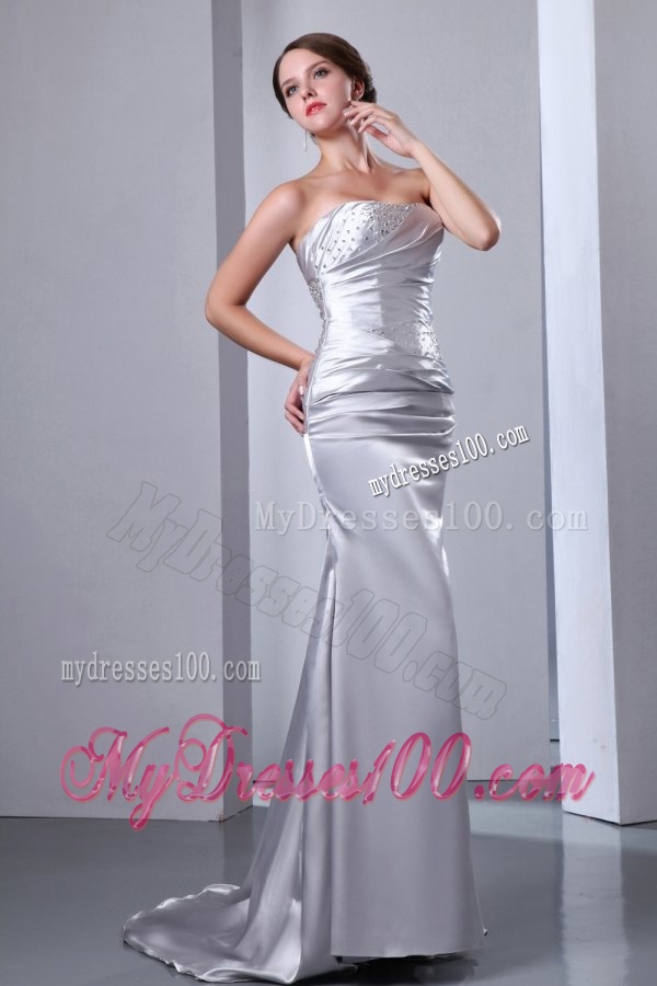Column Strapless Grey Beading Ruching Brush Train Wedding Dress