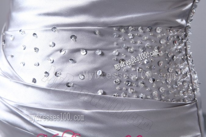 Column Strapless Grey Beading Ruching Brush Train Wedding Dress