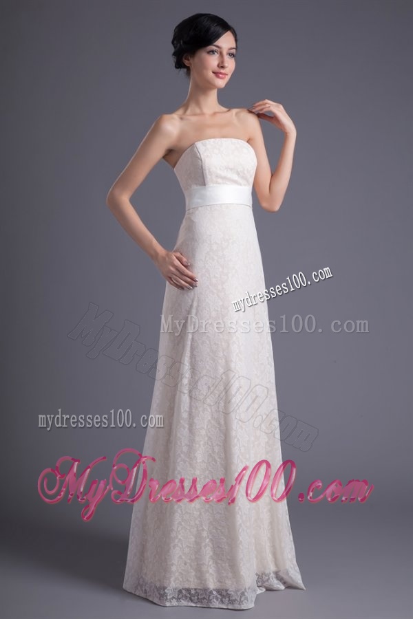 Column Strapless White Lace Belt Floor-length Wedding Dress