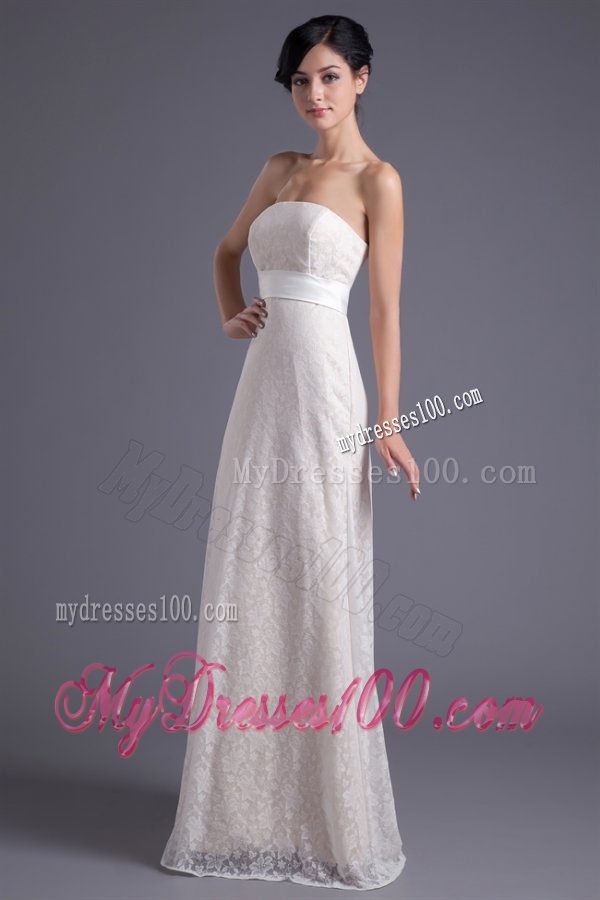 Column Strapless White Lace Belt Floor-length Wedding Dress