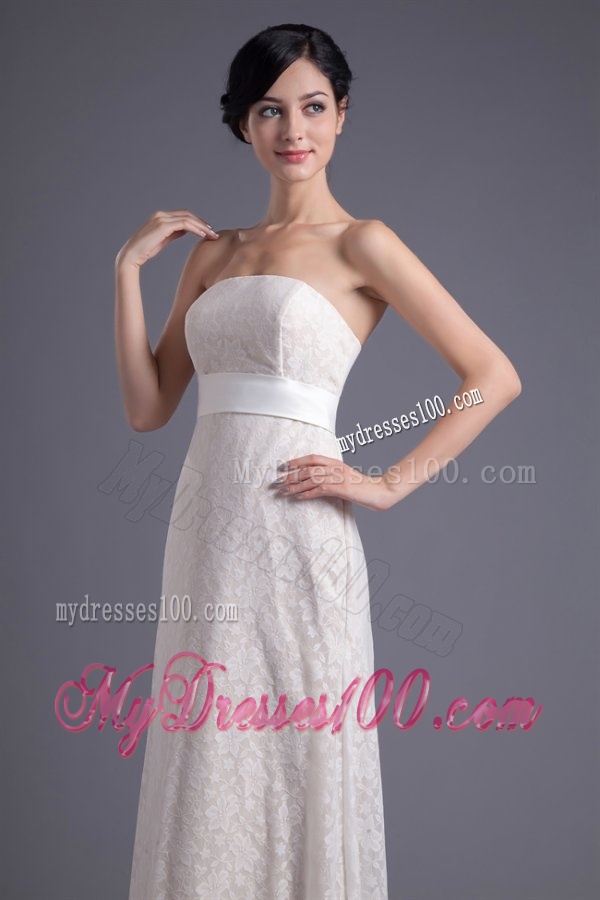 Column Strapless White Lace Belt Floor-length Wedding Dress