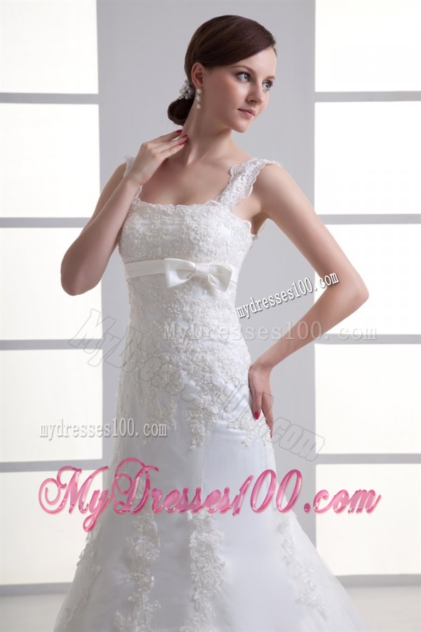Column Straps Appliques Lace Wedding Dress with Chapel Train