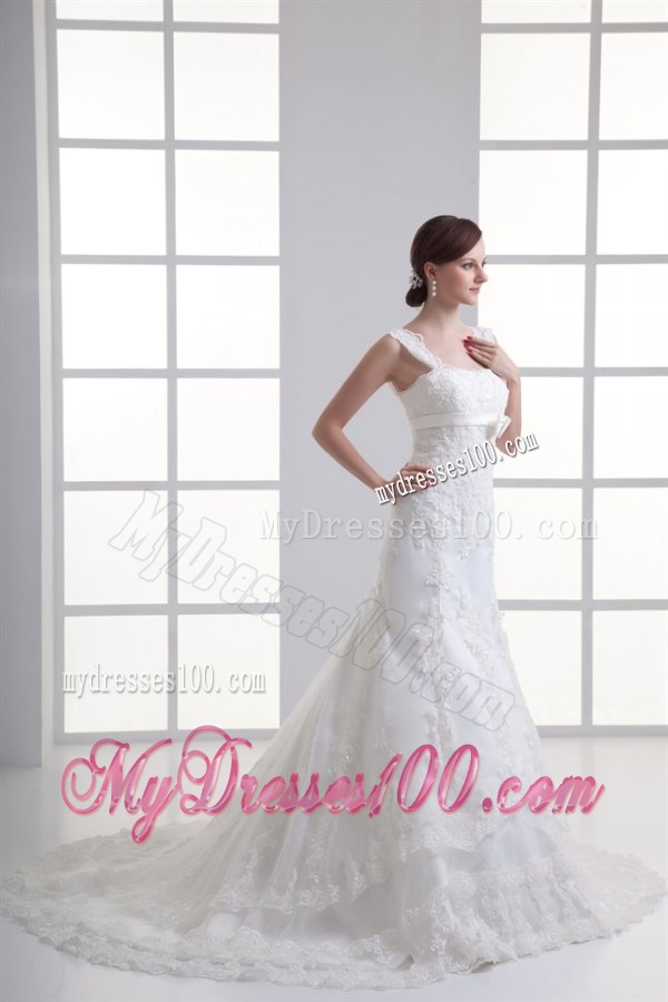 Column Straps Appliques Lace Wedding Dress with Chapel Train