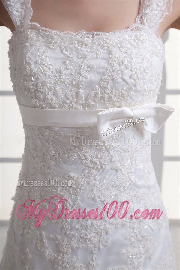 Column Straps Appliques Lace Wedding Dress with Chapel Train