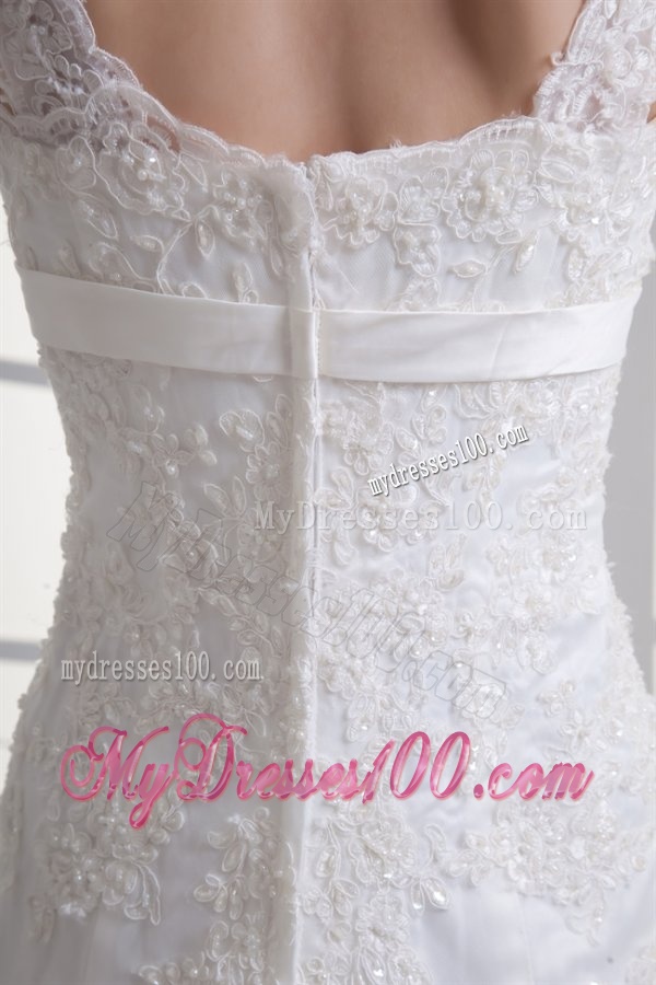 Column Straps Appliques Lace Wedding Dress with Chapel Train