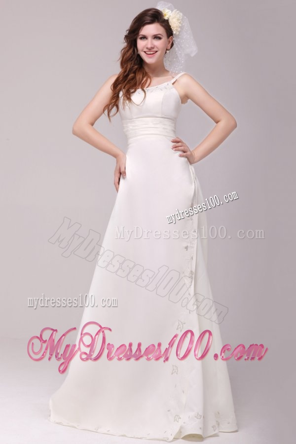 Column Straps Embroidery Taffeta Wedding Dress with Court Train