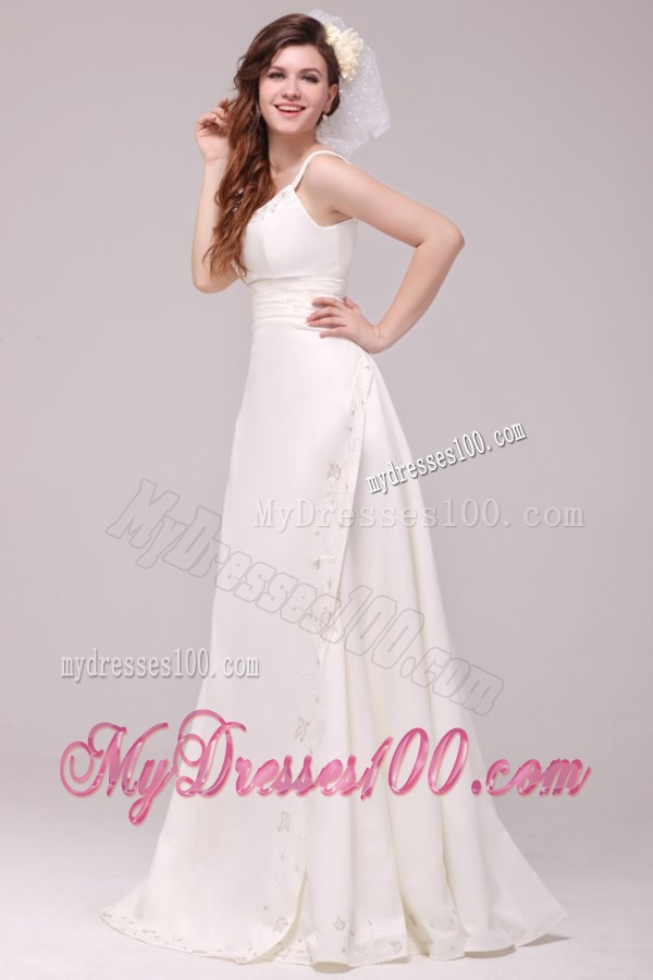 Column Straps Embroidery Taffeta Wedding Dress with Court Train