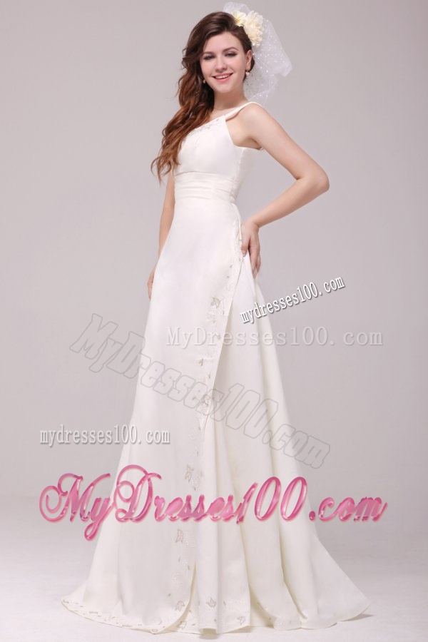 Column Straps Embroidery Taffeta Wedding Dress with Court Train