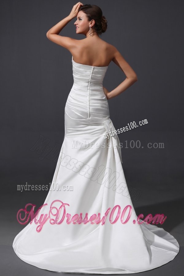 Column Sweetheart Brush Train Bowknot and Ruching Wedding Dress