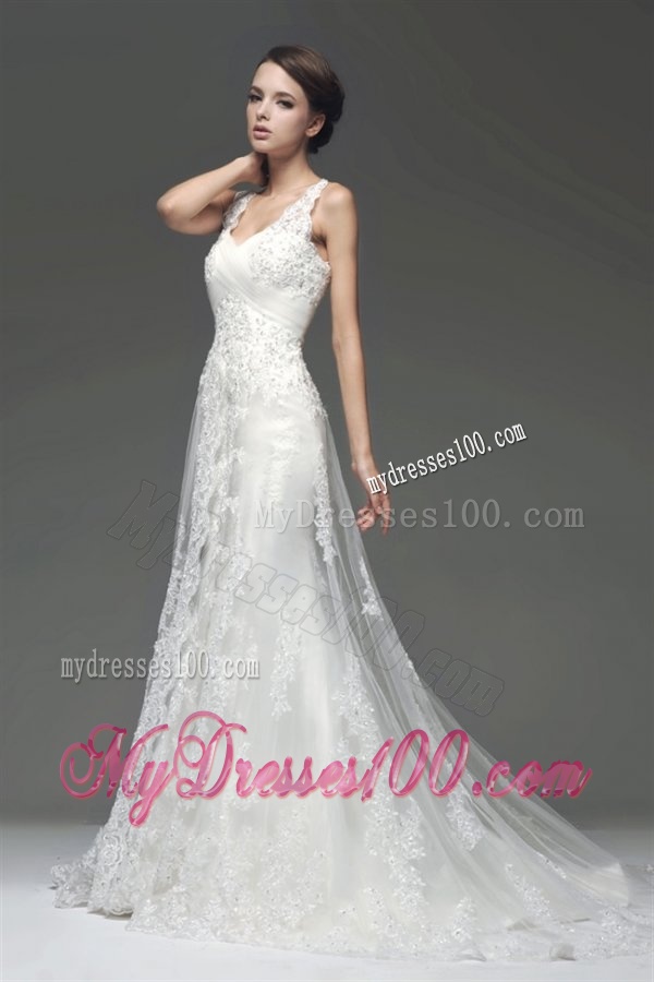 Column V-Neck Appliques Zipper Up Wedding Dress with Court Train