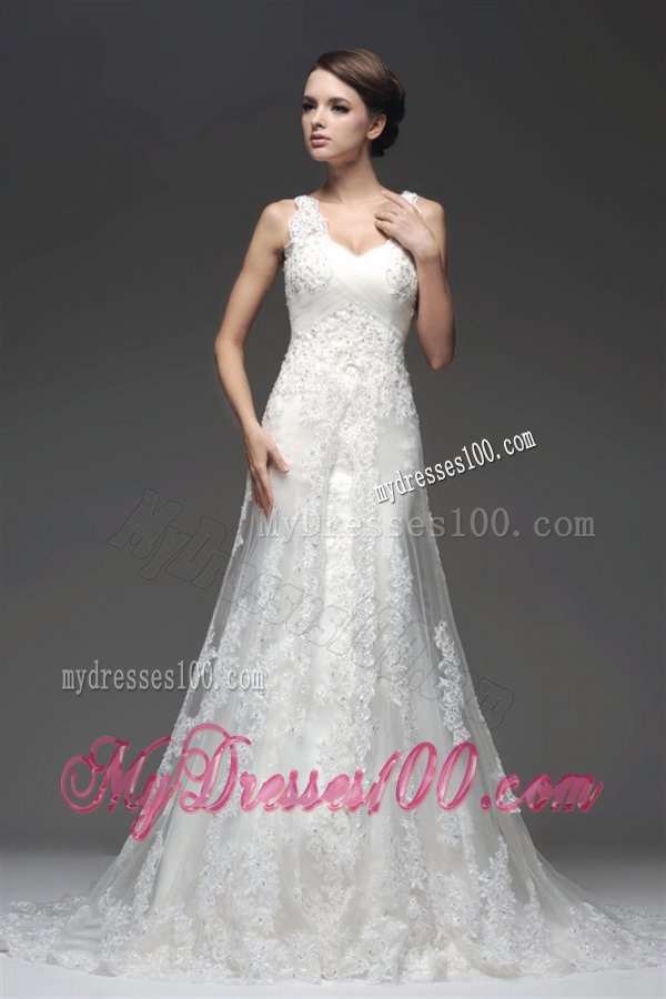 Column V-Neck Appliques Zipper Up Wedding Dress with Court Train