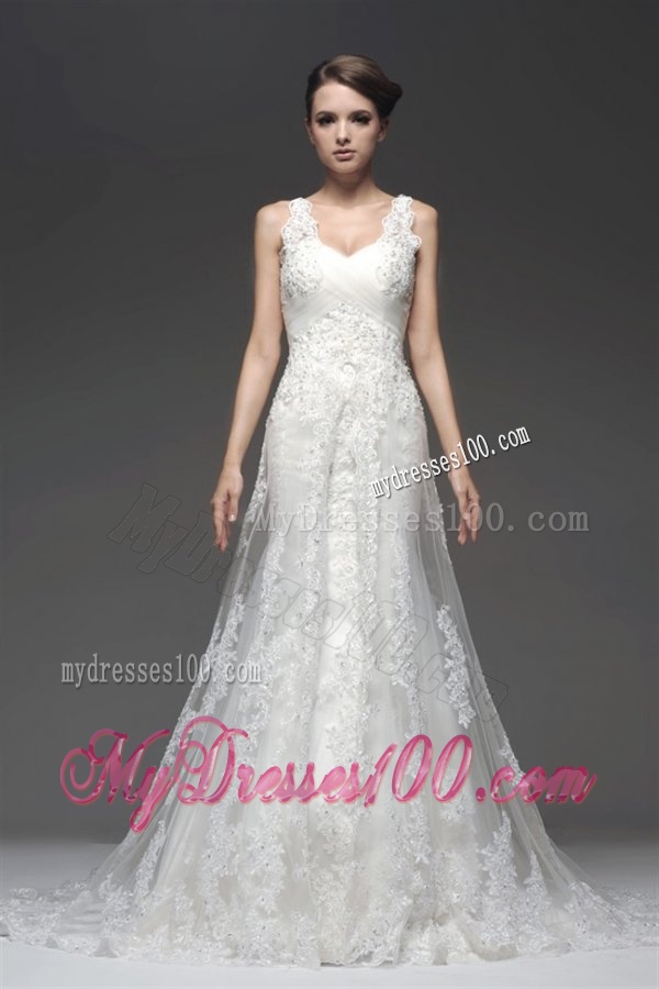 Column V-Neck Appliques Zipper Up Wedding Dress with Court Train