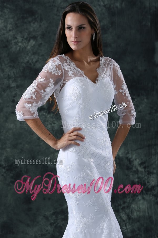 Column V-Neck Brush Train Appliques Lace Wedding Dress with Half Sleeves