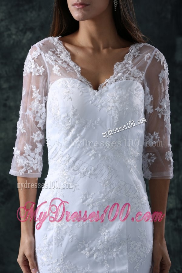 Column V-Neck Brush Train Appliques Lace Wedding Dress with Half Sleeves