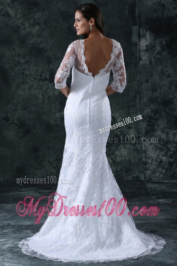 Column V-Neck Brush Train Appliques Lace Wedding Dress with Half Sleeves