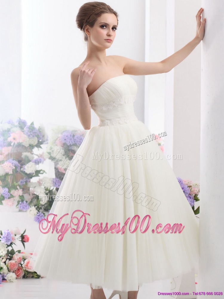 Cute White Strapless Wedding Dresses with Ruching