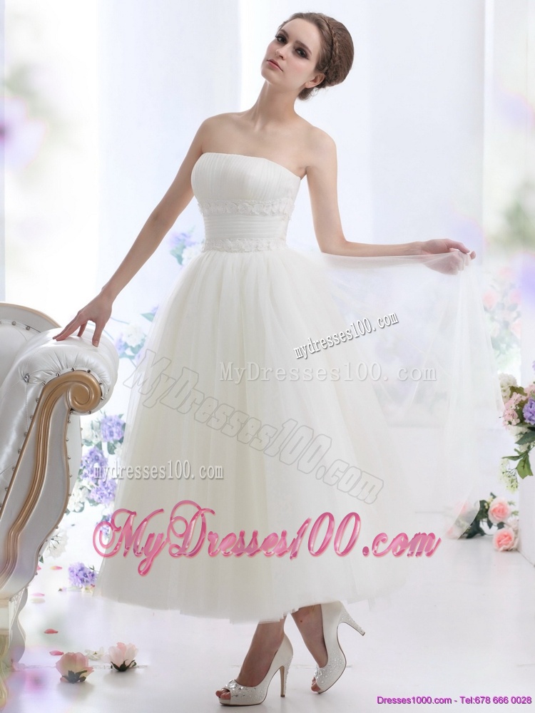 Cute White Strapless Wedding Dresses with Ruching