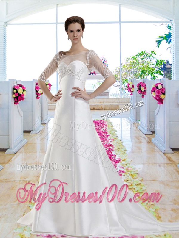 Discount A Line Chapel Train Half Sleeves Wedding Dresses with Beading