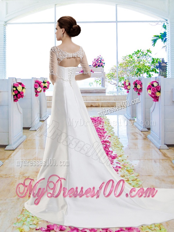 Discount A Line Chapel Train Half Sleeves Wedding Dresses with Beading