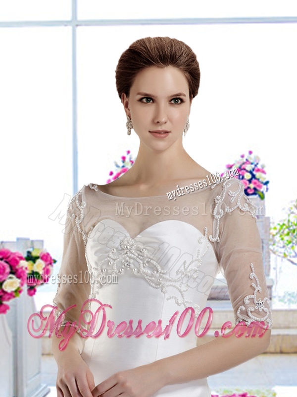 Discount A Line Chapel Train Half Sleeves Wedding Dresses with Beading