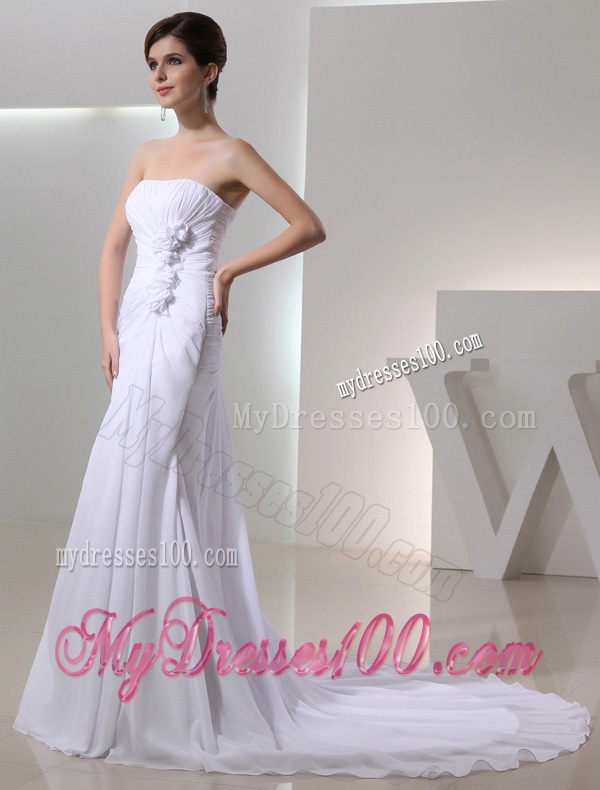 Elegant Column Strapless Court Train Chiffon Ruching White Wedding Dress for 2016