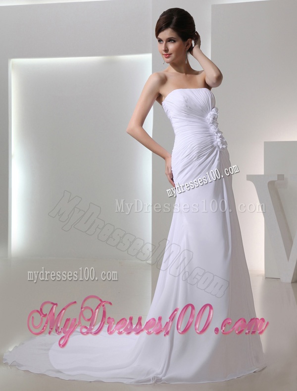 Elegant Column Strapless Court Train Chiffon Ruching White Wedding Dress for 2016