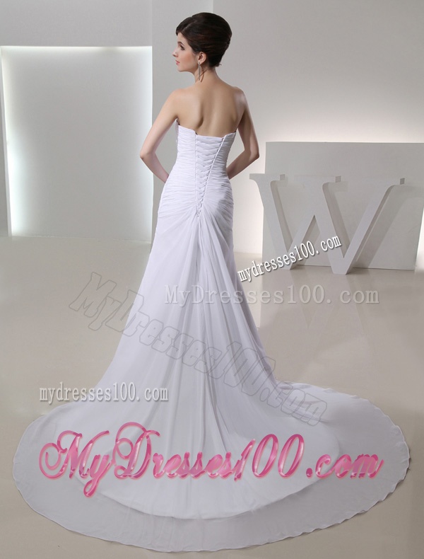 Elegant Column Strapless Court Train Chiffon Ruching White Wedding Dress for 2016