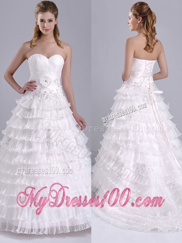Elegant Princess Sweetheart Beaded and Ruffled Layers Bridal Dress with Court Train