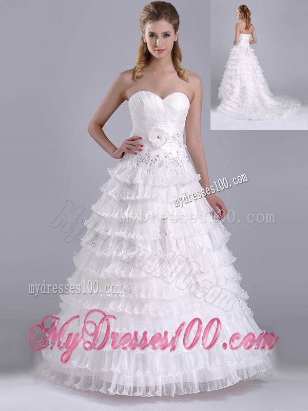 Elegant Princess Sweetheart Beaded and Ruffled Layers Bridal Dress with Court Train
