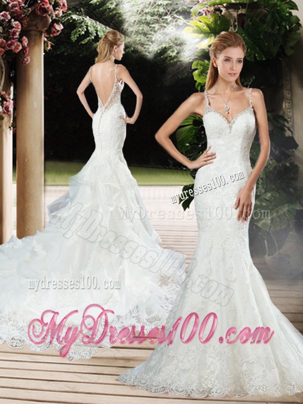 Elegant Straps Beaded and Lace Wedding Dresses with Court Train