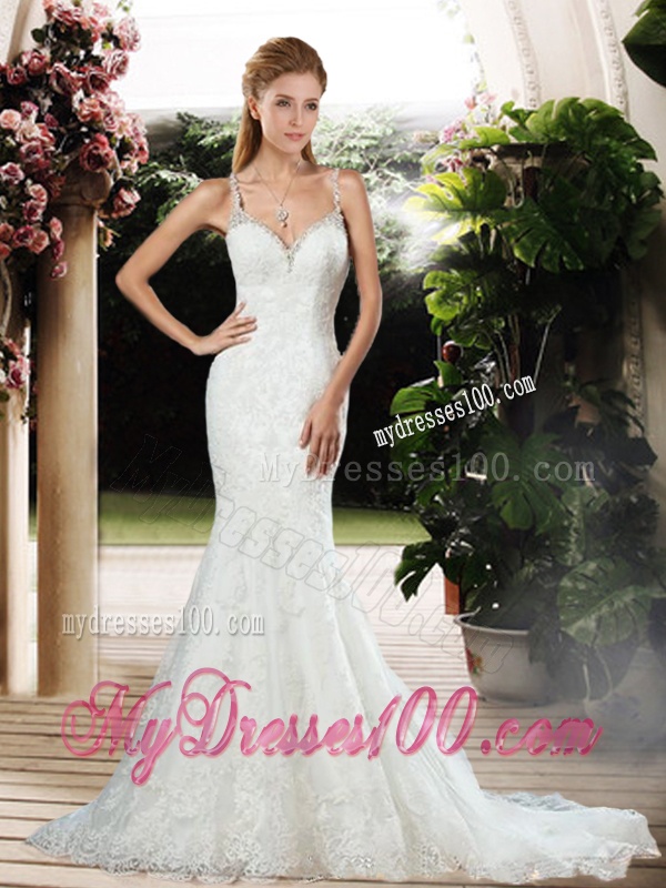 Elegant Straps Beaded and Lace Wedding Dresses with Court Train