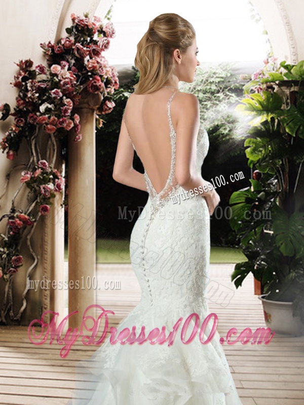 Elegant Straps Beaded and Lace Wedding Dresses with Court Train