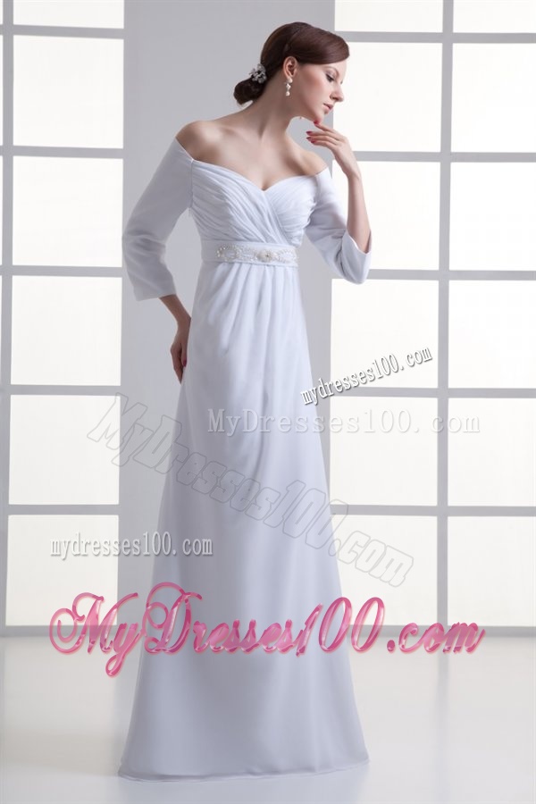 Empire Off The Shoulder Long Sleeves Floor-length Beading Wedding Dress