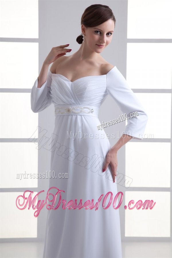 Empire Off The Shoulder Long Sleeves Floor-length Beading Wedding Dress
